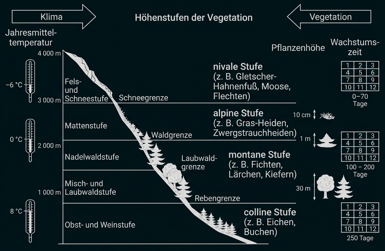 Diagramm zu Höhenstufen der Vegetation am Gebirge mit Klima, Pflanzenhöhe und Wachstumszeit.